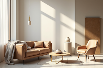 Salon lumineux avec mobilier design et touches dorées