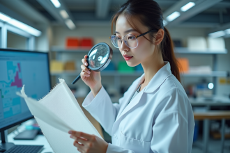 Jeune femme scientifique textile examine un tissu hightech
