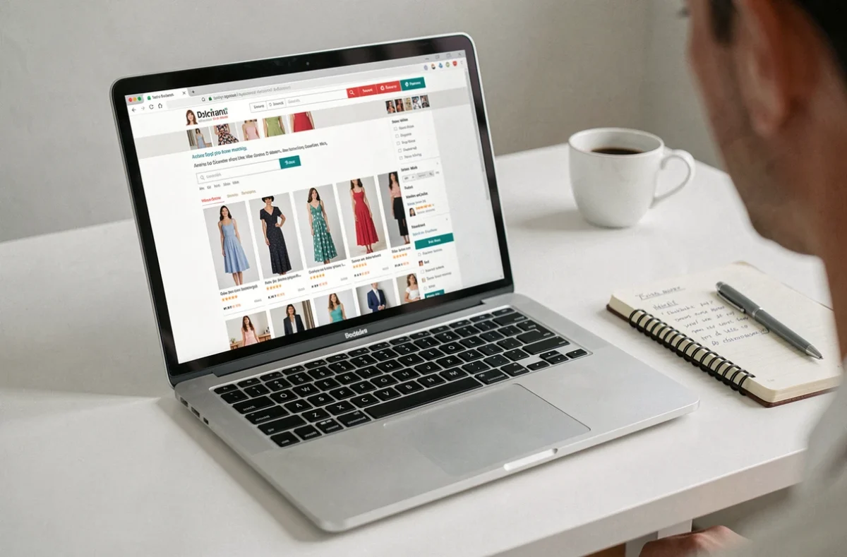 Écran d'ordinateur affichant un site de vente de vêtements en ligne avec avis clients et fiches produits robes