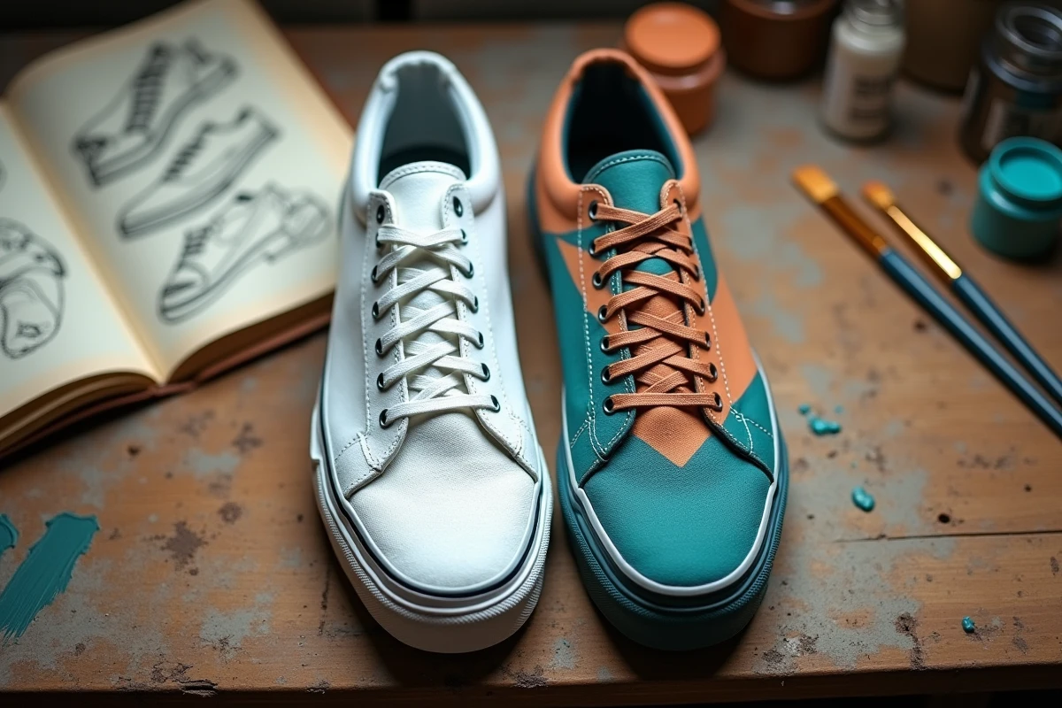 Deux sneakers en cours de customisation posées sur un établi, l'une avec une base blanche et l'autre avec un motif coloré géométrique