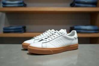 Paire de sneakers premium blanches posée sur une étagère en bois dans une boutique minimaliste, détails en cuir perforé et semelle gomme visibles