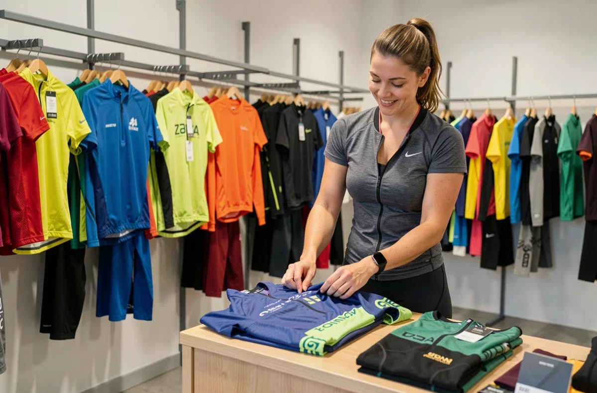 Vendeuse de Sport Passion Besançon arrangeant des maillots de cyclisme dans une boutique de sport indépendante au style épuré