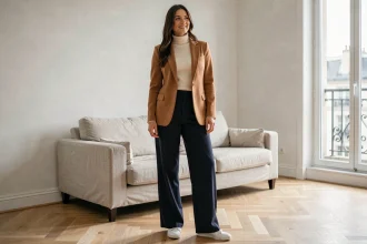 Femme élégante en blazer camel et pantalon large dans un appartement parisien minimaliste, combinant style et confort au quotidien