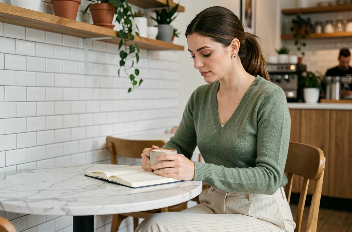 Femme élégante en pull cachemire vert sauge assise dans un café moderne, alliant tenue raffinée et confort décontracté