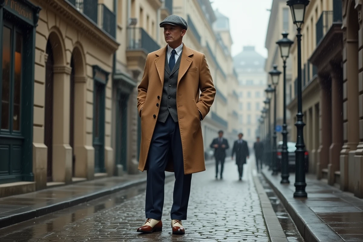 Homme en tenue rétro années 30 avec manteau camel, pantalon marine et chaussures deux tons sur pavés mouillés