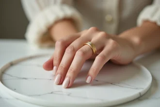 Femme tenant une alliance en or jaune entre ses doigts au-dessus d'un plateau en marbre blanc pour illustrer le choix de la taille du tour de doigt