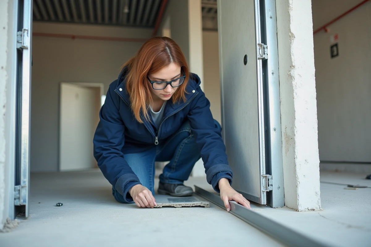 Technicienne en pose de profilés de cloison 48mm dans un espace de bureau en rénovation avec ossature métallique visible