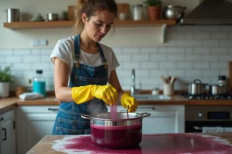 Femme teignant du tissu polyester en bordeaux dans une grande casserole sur une table de cuisine, portant des gants en caoutchouc jaunes et un tablier en jean