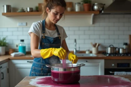 Femme teignant du tissu polyester en bordeaux dans une grande casserole sur une table de cuisine, portant des gants en caoutchouc jaunes et un tablier en jean