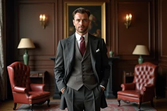 Homme élégant en costume années 30 avec pantalon taille haute, gilet croisé et cravate bordeaux dans un salon parisien classique