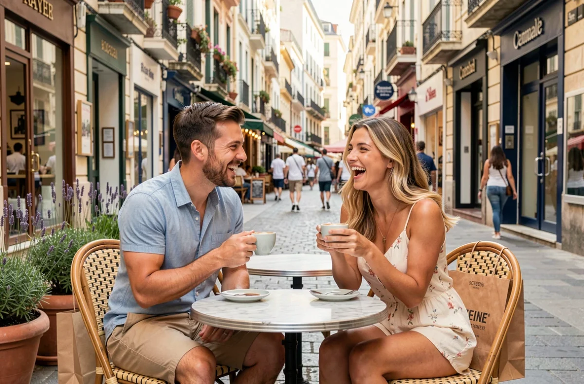 Deux amis savourant un café en terrasse entre deux boutiques dans une rue commerçante de Marseille