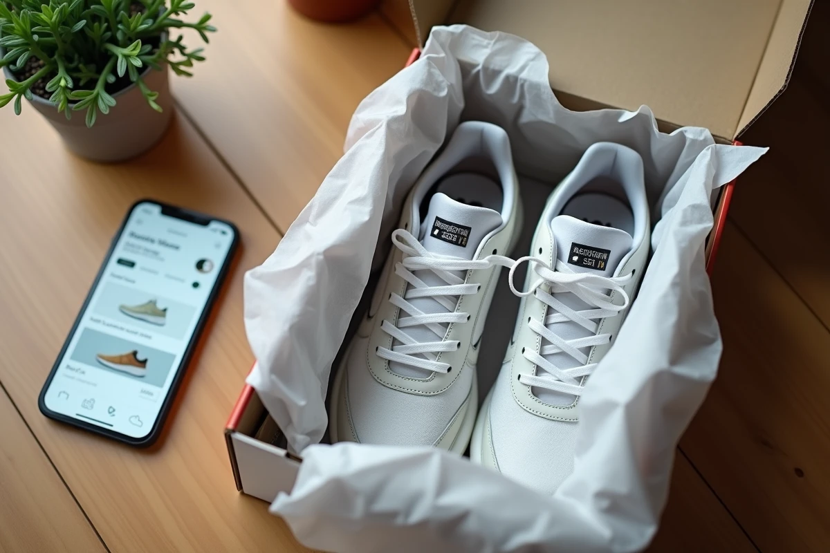 Unboxing de sneakers premium dans leur boîte avec papier de soie, étiquette de langue de chaussure visible, posé sur une table en chêne clair