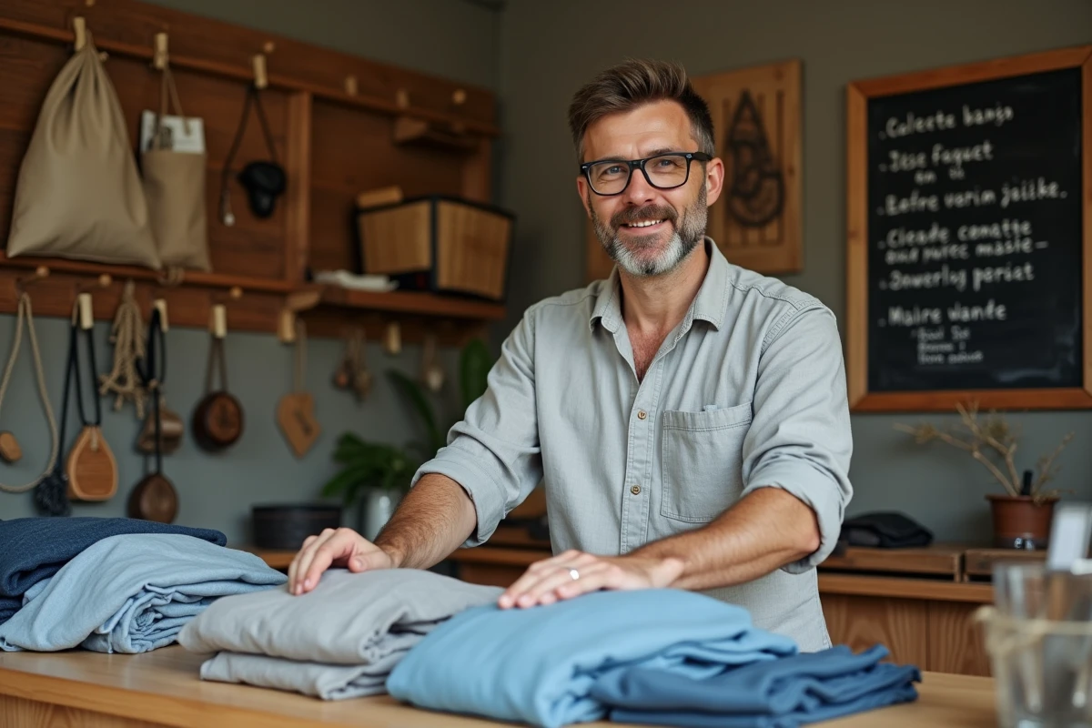 Vendeur triant des vêtements de seconde main derrière le comptoir d'une friperie zéro déchet à Strasbourg
