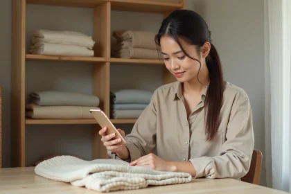 Femme prenant en photo des vêtements de seconde main pour les vendre sur la plateforme Sellpy