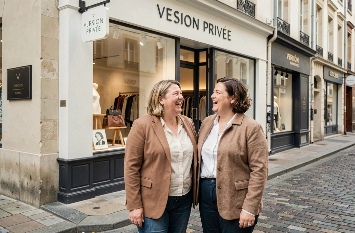 Couple mixte en tenue décontractée chic devant la boutique Version Privée à Auxerre