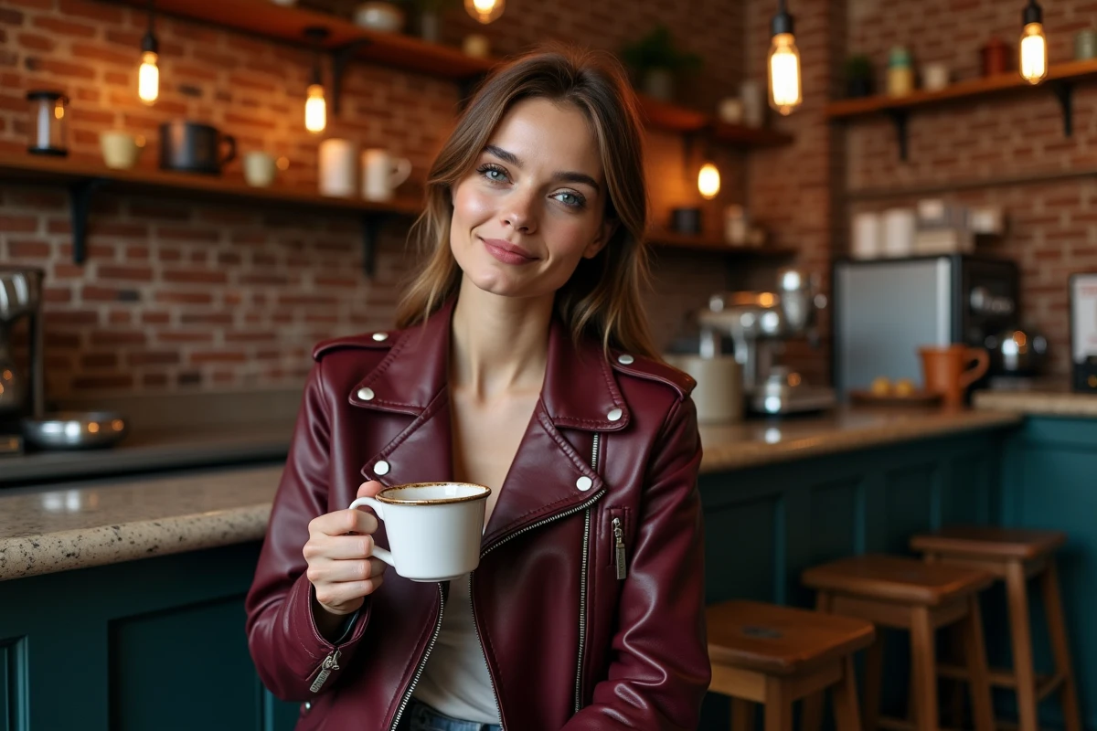 Femme en veste en cuir vintage bordeaux assise dans un café rétro avec une tasse d'expresso