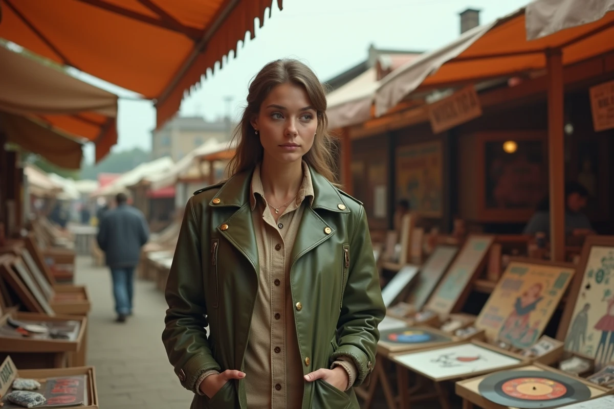 Femme portant une veste en cuir vintage vert olive en train de fouiller des vinyles dans un marché aux puces
