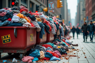 Pile de vêtements colorés abandonnés dans une benne en ville