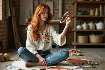 Femme artisane portant un chemisier en lin brodé à la main dans un atelier bohème entouré de fils colorés et de cercles à broderie