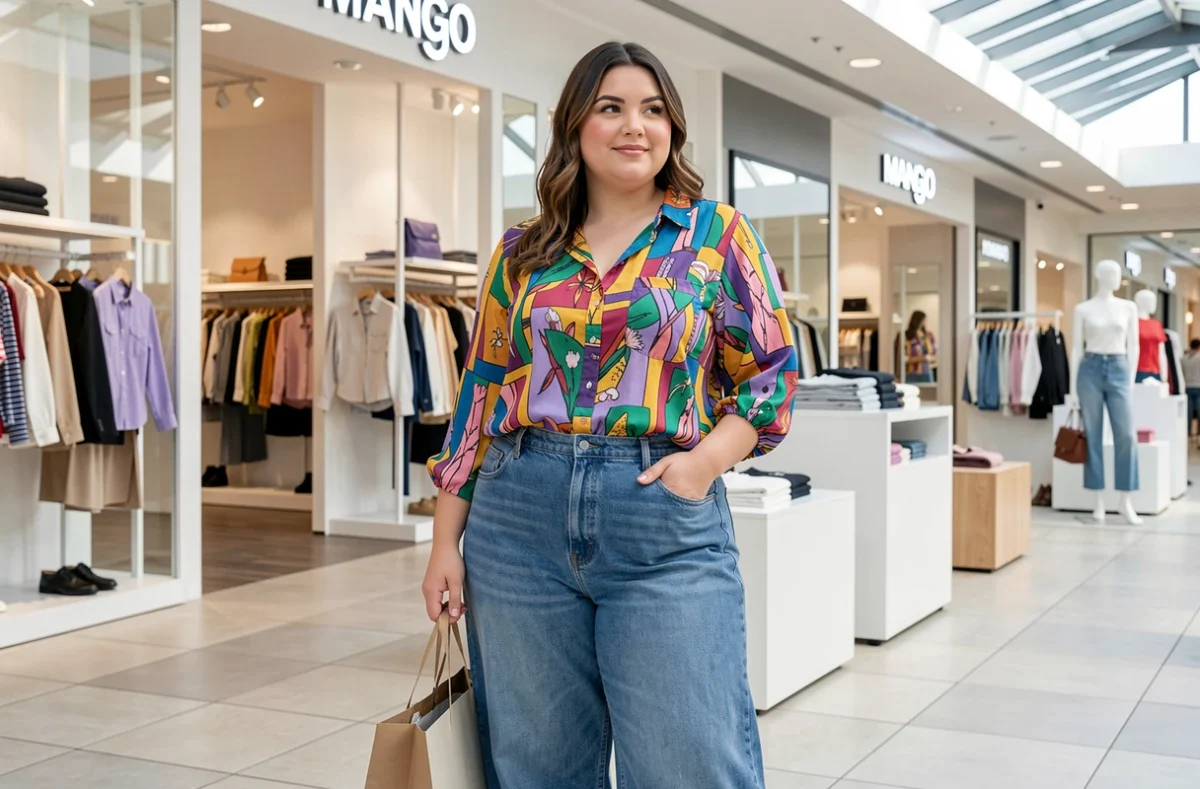 Jeune femme ronde et souriante portant une tenue tendance Violeta by Mango dans un magasin à Dijon